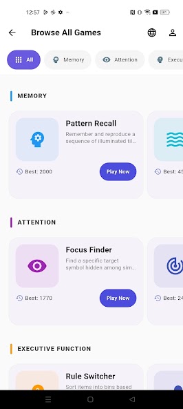 Mobile Brain Training Games catalogue with memory and attention games
