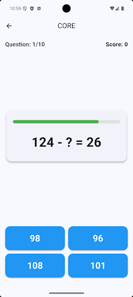 A Quick Maths subtraction question with four answer buttons and a timer